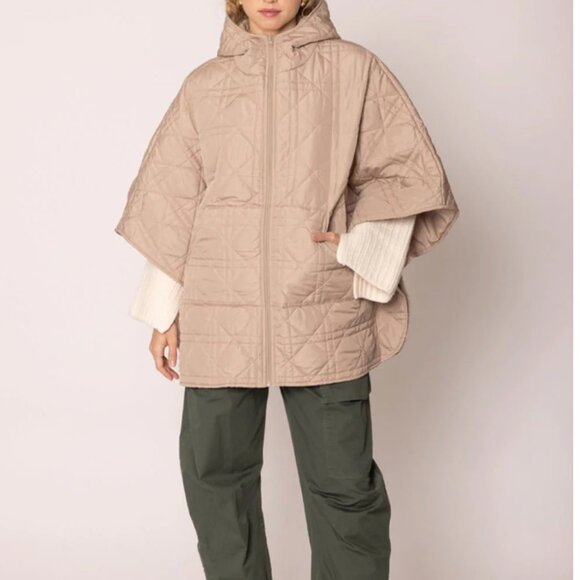 Sweaters - NWT Beige Quilted Puffer Zip Poncho | Cozy Oversized Cape Jacket with Pockets